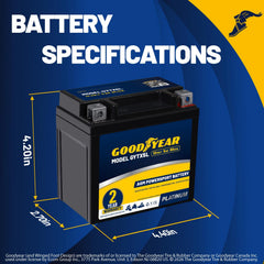 Goodyear GYTX5L beside ruler showing dimensions and benefit of easy fit