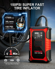 GOOLOO air compressor nozzle and hose attached demonstrating fast inflation capability