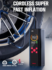 GOOLOO AP150 PRO connected to a car tire showing fast inflation benefit