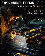 GOOLOO GP4000 flashlight in use assisting a nighttime vehicle jump start