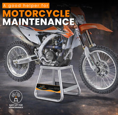 GRAND PITSTOP side profile with dirt bike on stand demonstrating secure elevation