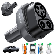 Grasside front view of CCS to NACS adapter showing connector benefit portability