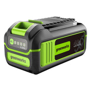 Greenworks battery front view showing pack design and professional reliability