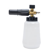 Greenworks foam cannon front view showing controls and bottle for easy operation