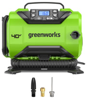 Greenworks inflator front view showing compact design and handle for easy transport