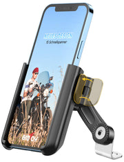 Grefay front view mounted on motorcycle mirror showing secure hold benefit