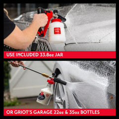 Griot's Garage foam cannon producing thick foam on SUV demonstrating deeper cleaning coverage benefit