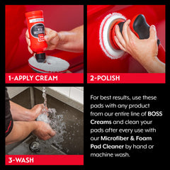 Griot's Garage pad mounted on polisher in use showing effective defect removal