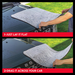 Griot's Garage towel being pulled across a car hood for streak-free drying