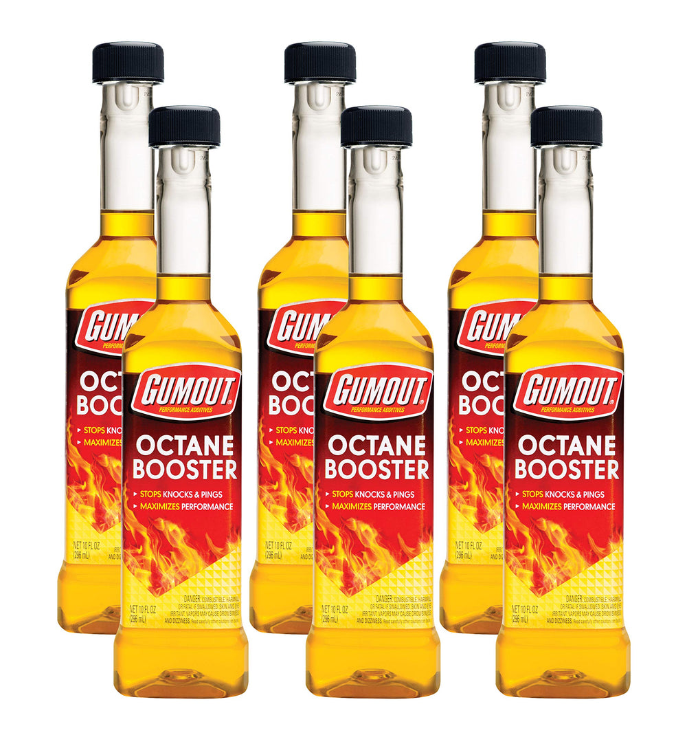 Gumout octane booster front bottle showing label and benefit of reducing knock