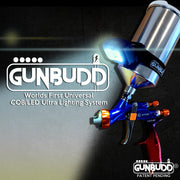 GunBudd front-mounted on spray gun providing bright shop illumination