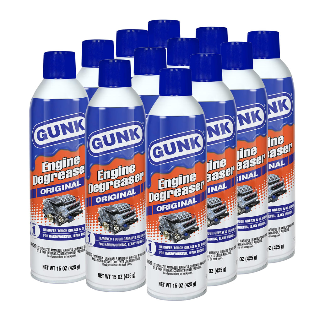 Gunk front aerosol can showing branding and capacity, highlights durable formula