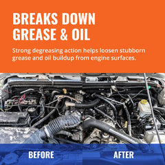 Gunk spraying on engine bay cleaning oil build-up for cleaner maintenance