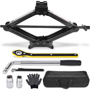 Gurduenon front view of full scissor jack kit showing included tools and bag for easy roadside use
