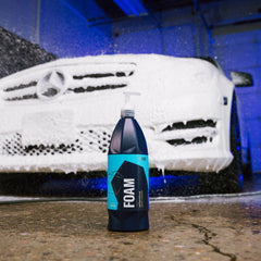Gyeon foam applied on car hood showing dirt suspension for easier rinsing
