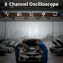 Hantek 1008C probe and clip close-up illustrating reliable contact for vehicle signals