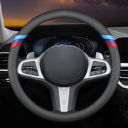 HAOTULE front view steering wheel cover showing slim fit and tri-color stripe benefit grip