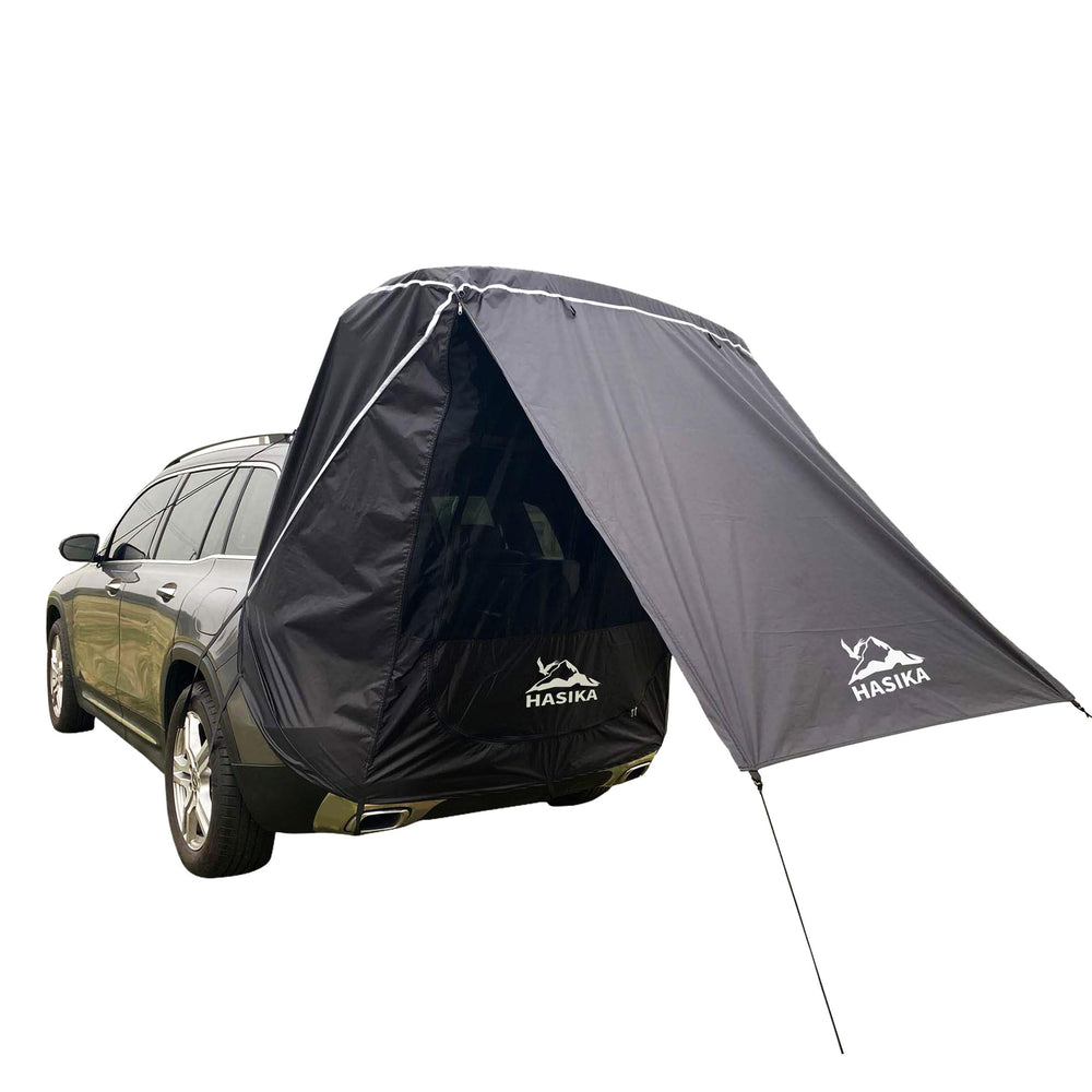 HASIKA tent front view showing quick shelter and vehicle attachment benefit