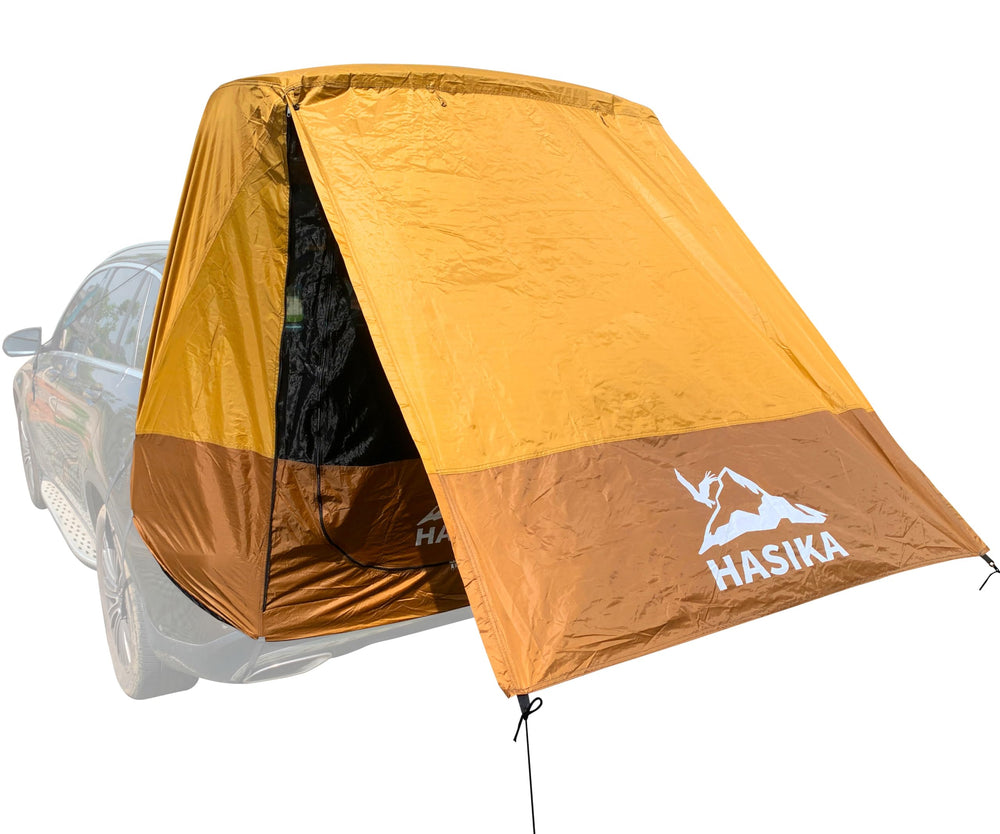 HASIKA tent attached to SUV creating shaded rear space and quick convenience