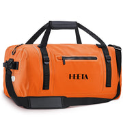 HEETA front view of orange 50L duffel showing shape and capacity benefit