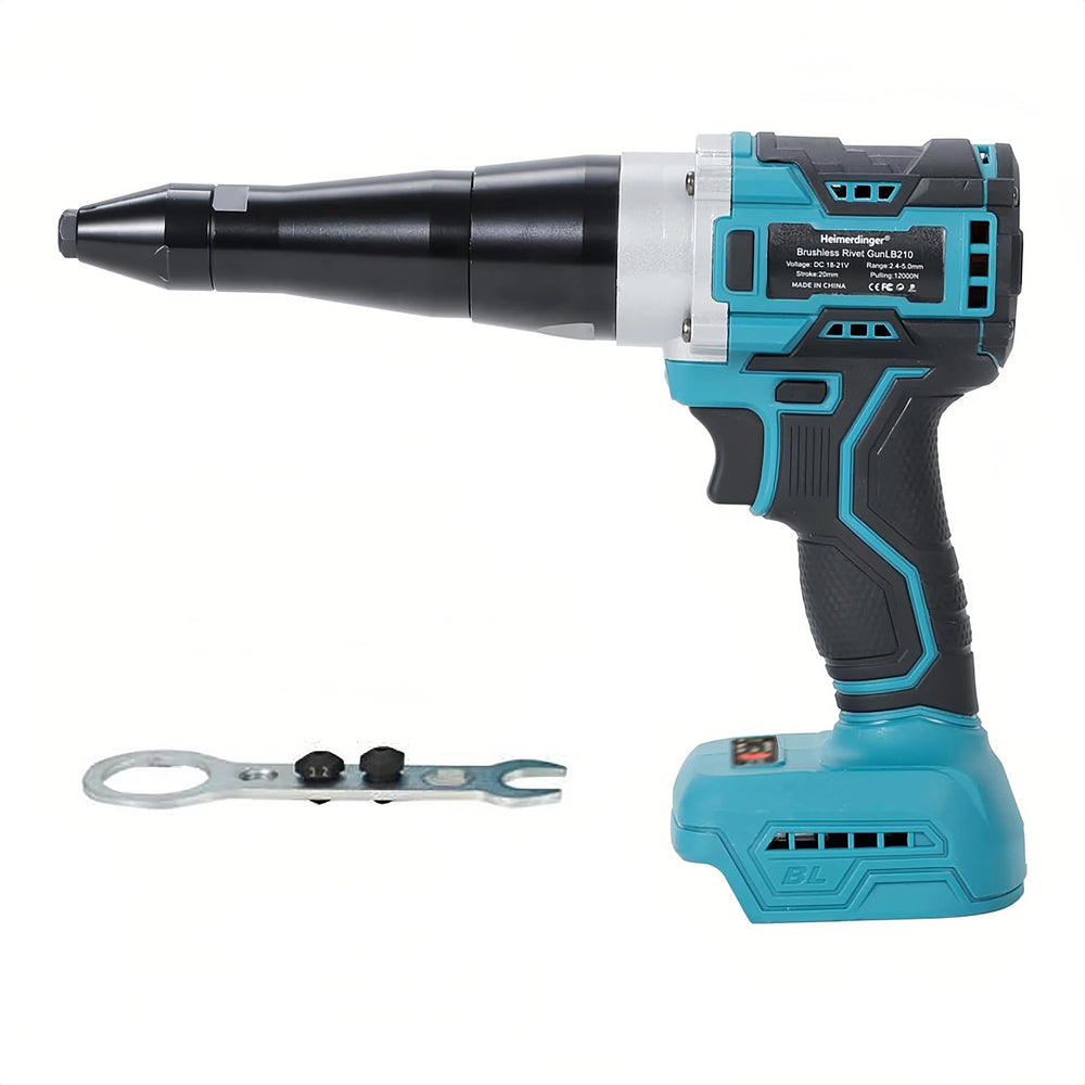 Heimerdinger front view of rivet gun showing compact cordless design and portability
