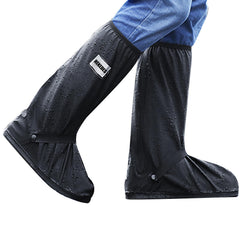 HEKEDES front view of black waterproof shoe cover showing zipper and form, protective benefit