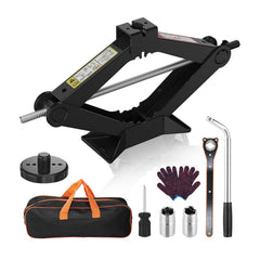 HEKIRISTONS front view of 2.5 ton scissor jack showing compact design and trunk storage benefit