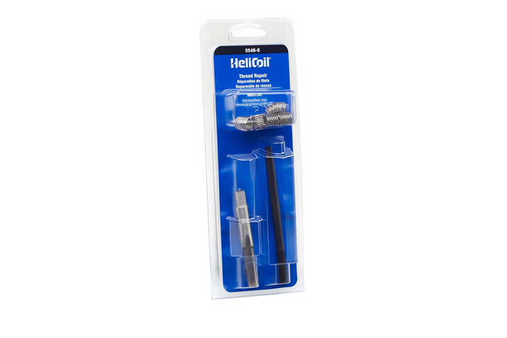 Helicoil carded package front view showing kit contents and clear installation benefit