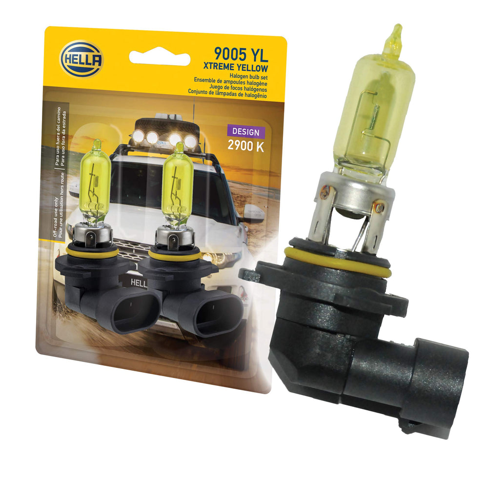 Hella 9005 front view showing yellow bulb for improved visibility