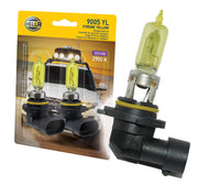 Hella 9005 front view showing yellow bulb for improved visibility