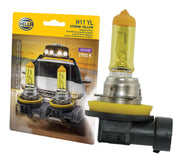 Hella H11 YL front packaging showing two yellow 2900K bulbs and benefits