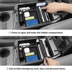 Hellet hidden drawer open in 4Runner demonstrating secure private compartment