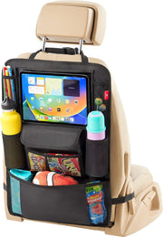 Helteko front view assembled on car seat showing organized storage and protection