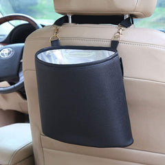 HerMia front view showing compact trash can and strap, keeping car tidy
