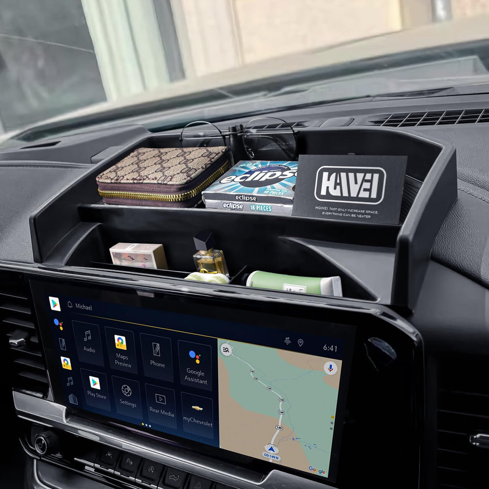 HGWEI front view of dash tray showing clean fit and added storage benefit