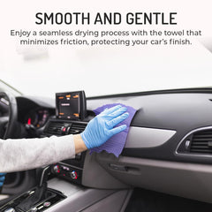 HI-TECH towel flat spread showing generous 27x17 size for fewer drying passes on vehicles