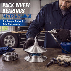 Hicarer tool in use forcing grease through a wheel bearing for faster service