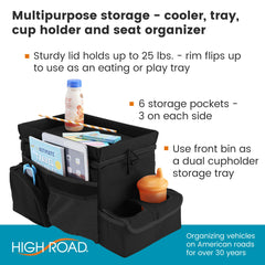 High Road lid flipped into tray with snacks, showing stable eating surface