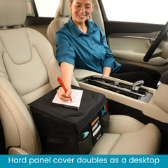 High Road front pockets holding phone, pens, cards for quick organized access