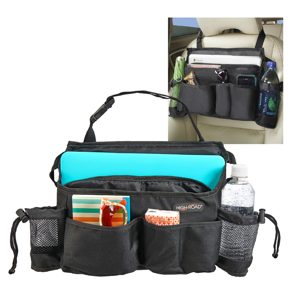 High Road front seat organizer full view showing pockets and storage benefits