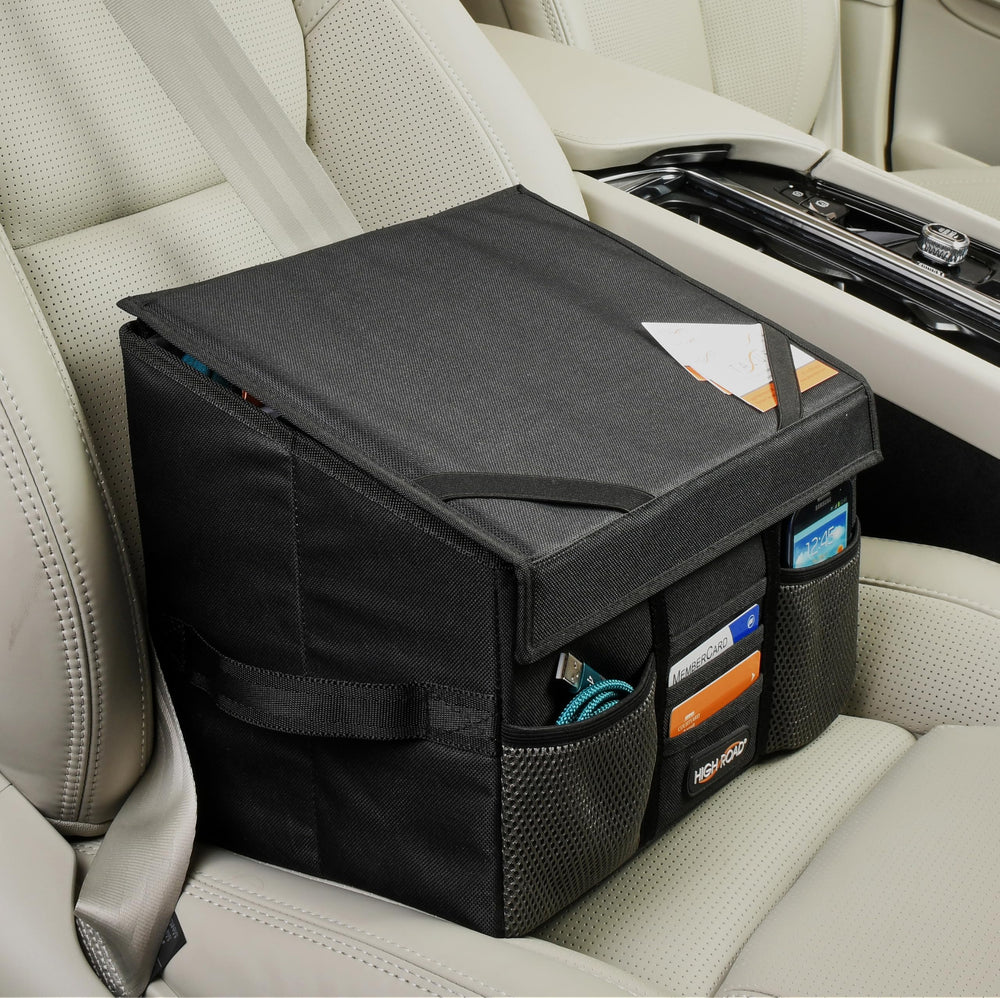 High Road front view of passenger seat organizer showing organized files and laptop accessibility