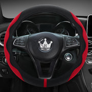 HighnessHwoo front view of red suede steering wheel cover adding style