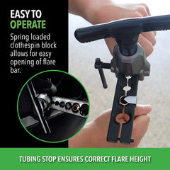 Hilmor orbital flare clamp detail showing spring block for faster work