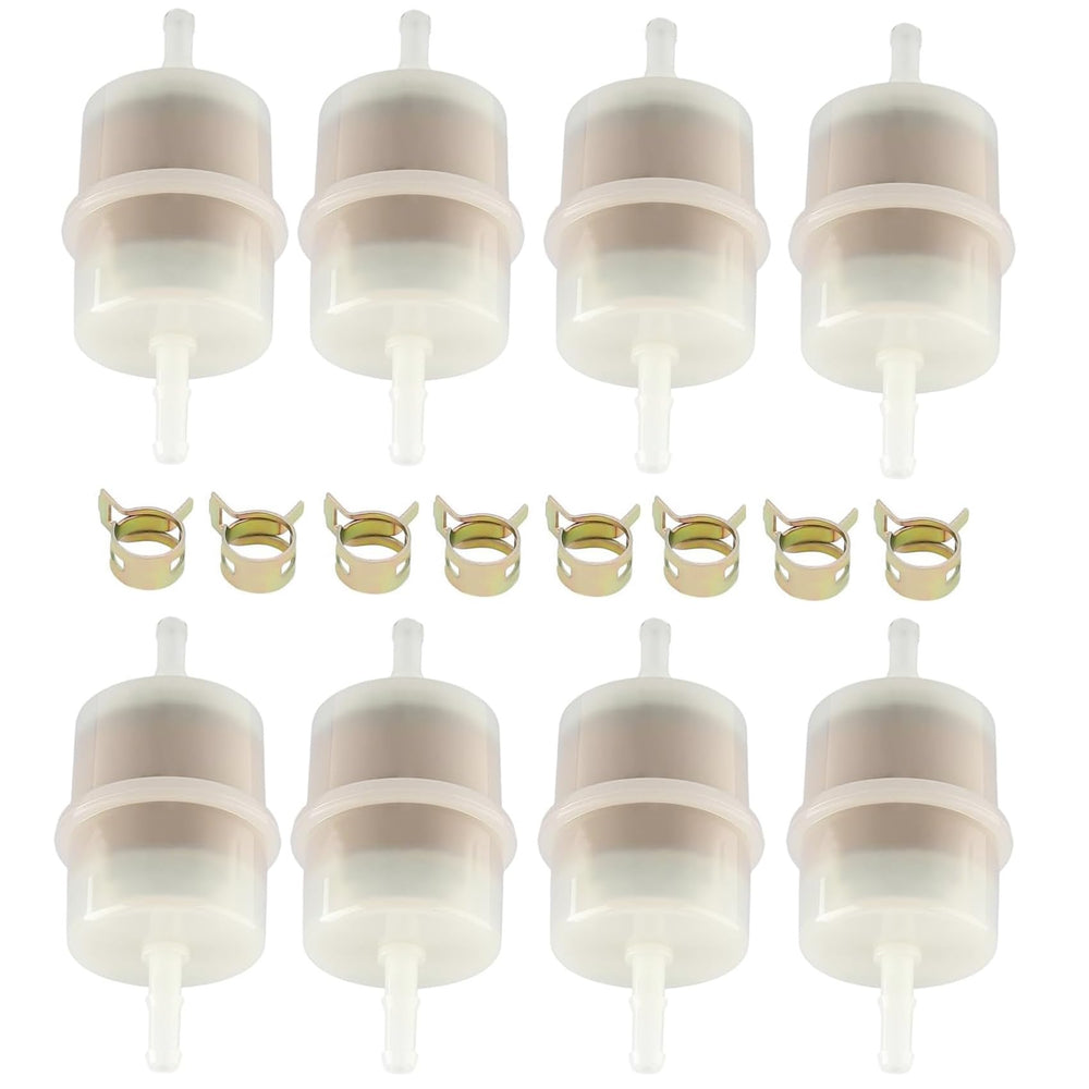 Hippotech front view of eight-pack fuel filters showing clear bodies and clamps, ensures ready replacement