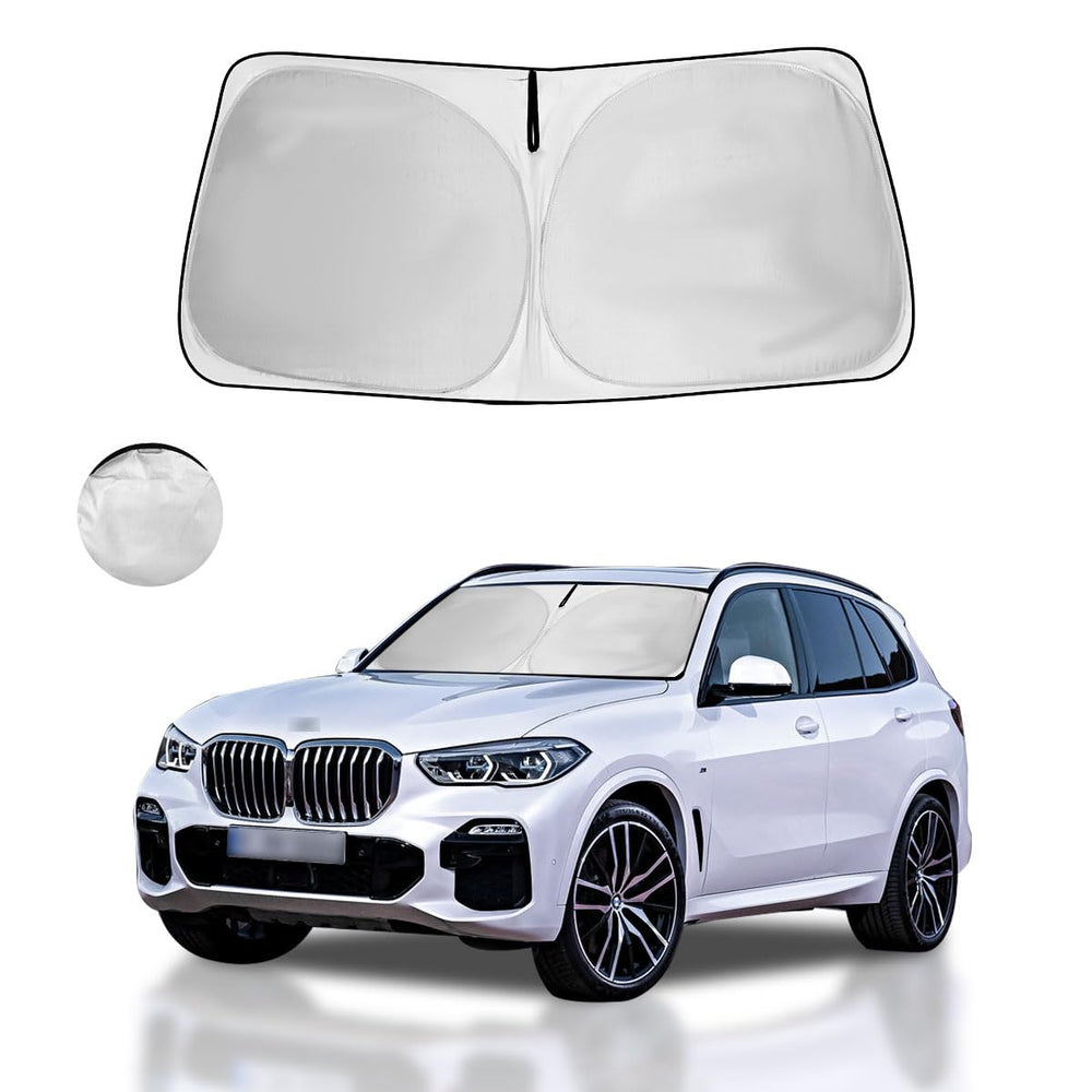 HOHUIGO front view of sun shade fitted in BMW X3 windshield, provides full coverage
