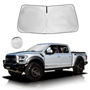 HOHUIGO front view of sunshade on F-150 windshield showing precise fit and protection