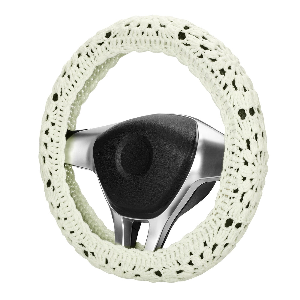 HOMEGYMFREE front view of crochet steering wheel cover showing boho sunflower design and charm