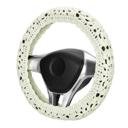 HOMEGYMFREE front view of crochet steering wheel cover showing boho sunflower design and charm