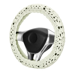 HOMEGYMFREE front view of crochet steering wheel cover showing boho sunflower design and charm