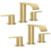 Homevacious front view of two brushed gold faucets showcasing elegant waterfall flow and visual upgrade